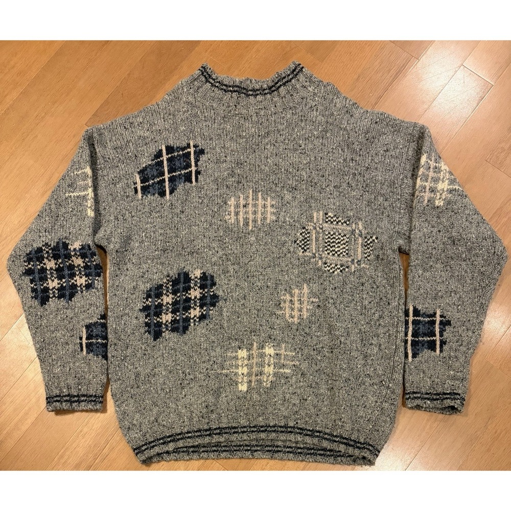 Vintage Eddie Bauer Sweater XL 100% Wool Mock Neck Chunky Patches Hong Kong EUC